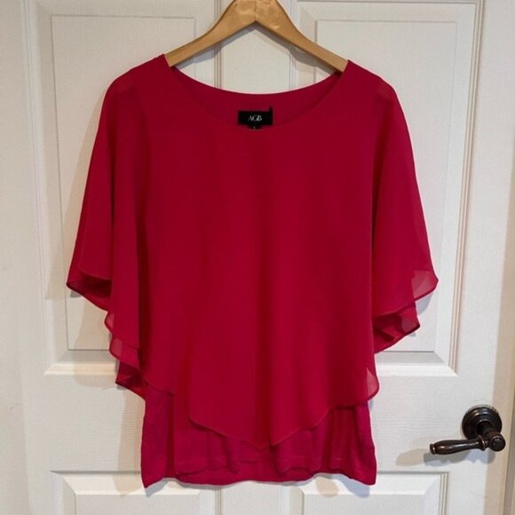 AGB Blouse Womens Large Red Chiffon Layered Sheer Overlay Dressy Top Flowing - Picture 1 of 3